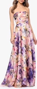 Betsy & Adam Floral Strapless Organza Gown