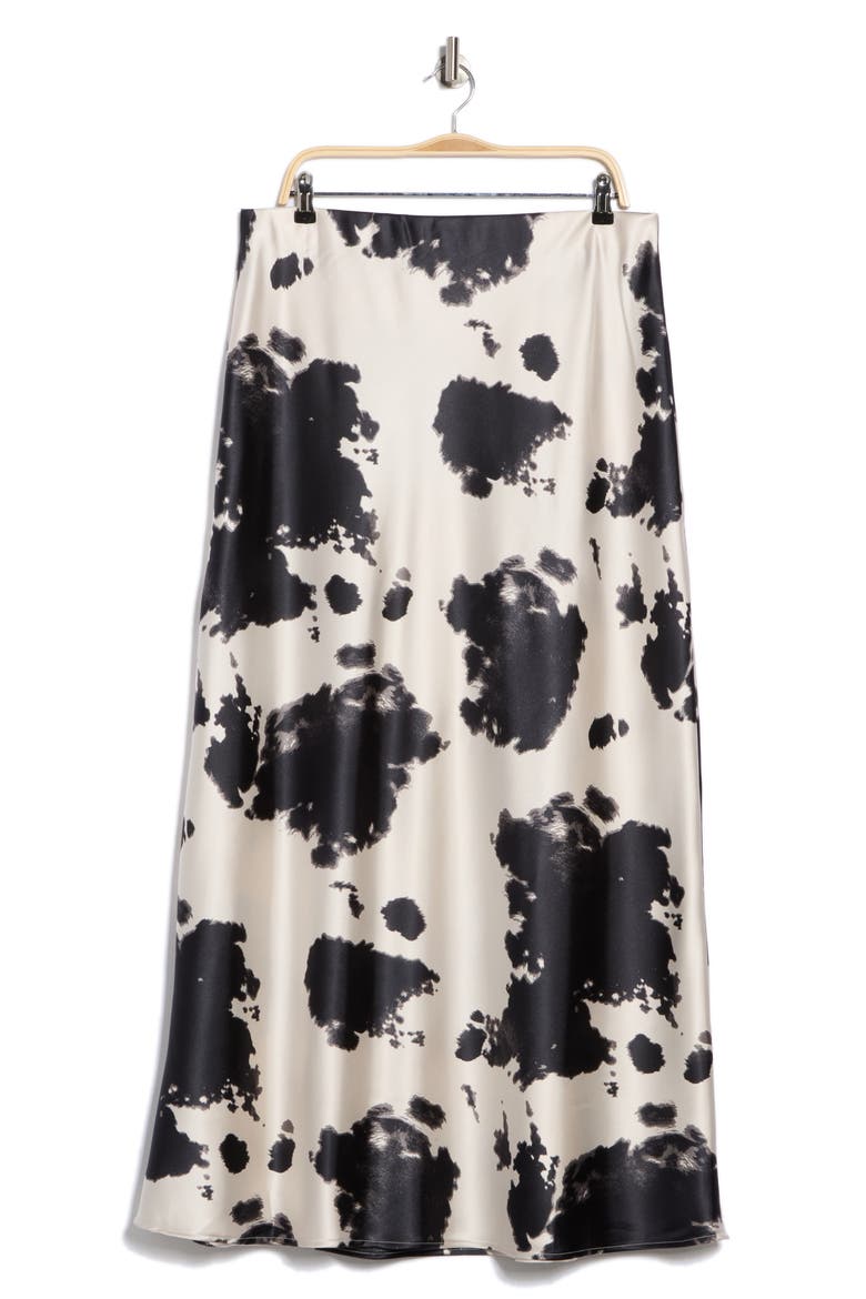 Cow Print Satin Maxi Skirt, Alternate, color, BLACK