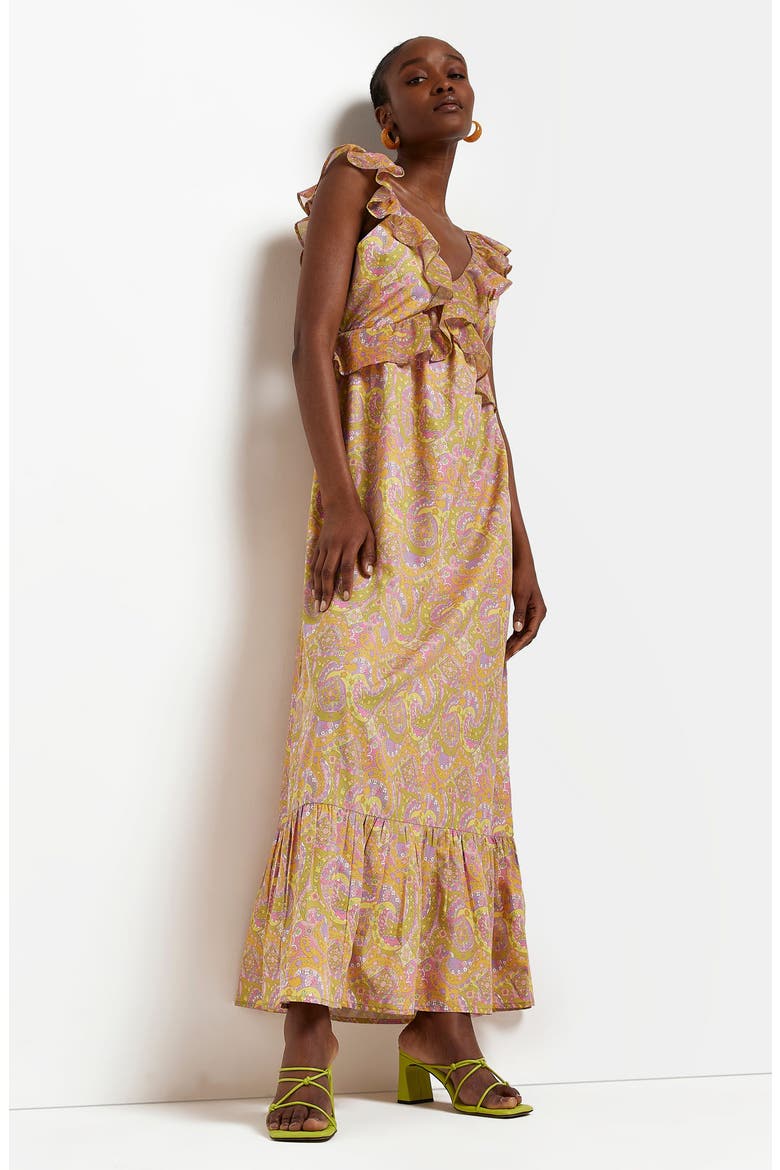 Ruffle Paisley Sleeveless Maxi Dress, Alternate, color, ORANGE