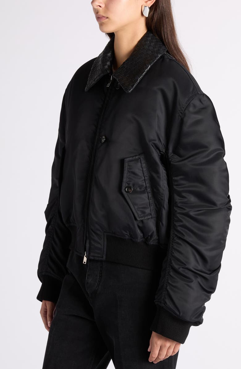 Bottega Veneta Intrecciato Collar Water Repellent Padded Nylon Bomber Jacket, Alternate, color, Double Black