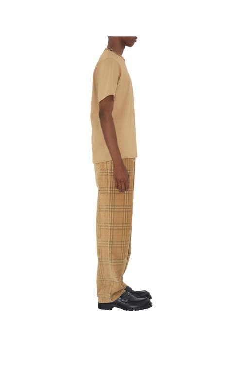 Burberry Men Beige Crewneck T-shirt With Check Motif On The Collar In Cotton Man