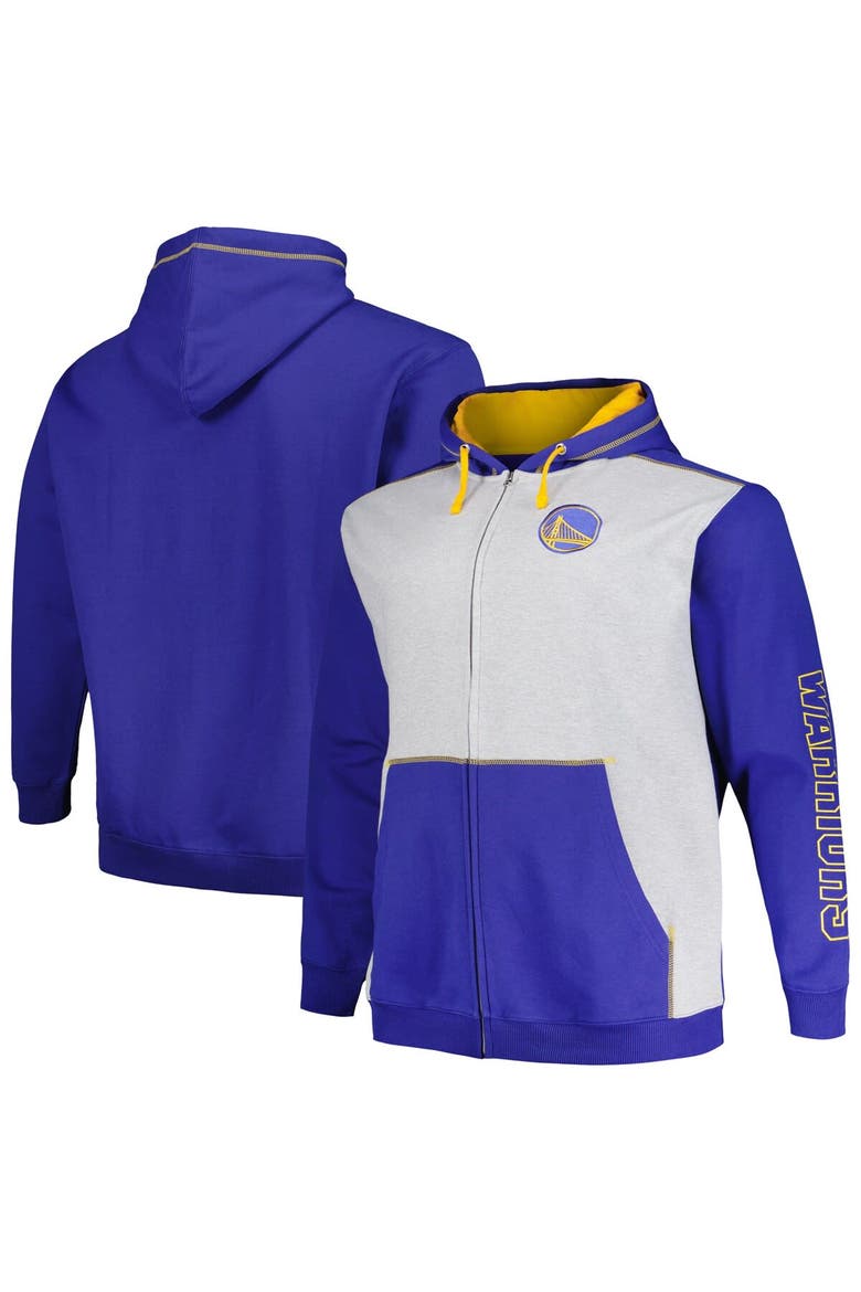 Men's Fanatics Branded Royal/Heather Gray Golden State Warriors Big & Tall Contrast Pieced Stitched Full-Zip Hoodie, Alternate, color, Royal