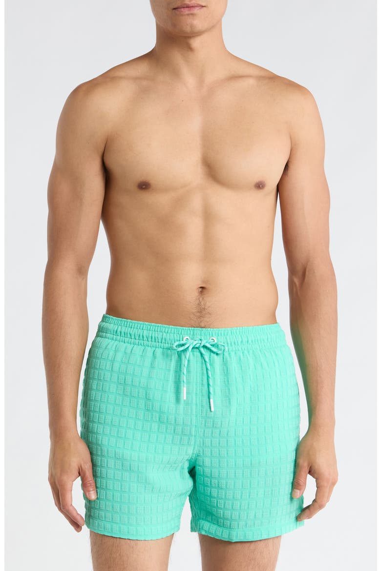 The Soft Lagoons 5.5-Inch Grid Textured Swim Trunks, Main, color, TEAL SOLID