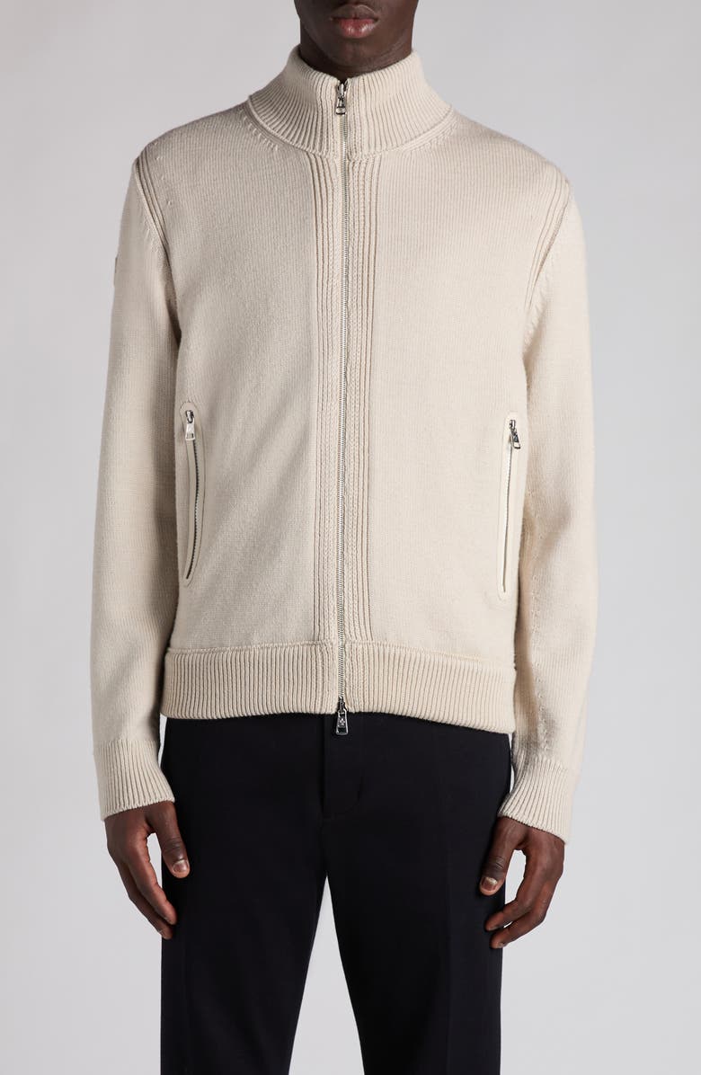 Moncler Wool Knit & Quilted Down Cardigan, Main, color, Soft Beige