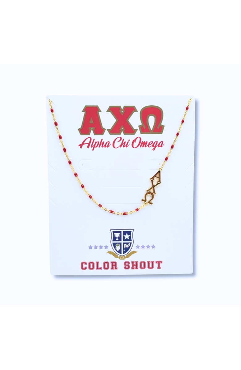 Color Shout Alpha Chi Omega Greek Letter Side Set Necklace, Main, color, Yellow Gold