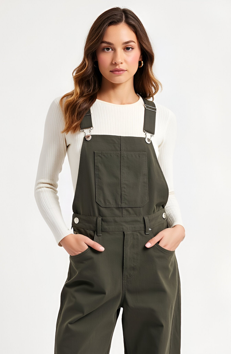 Modenaire Wide-Leg Adjustable-Strap Front Bib Pocket Overalls, Alternate, color, Olive Green