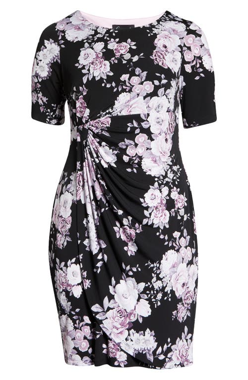 Connected Apparel Floral Faux Wrap Dress In Black