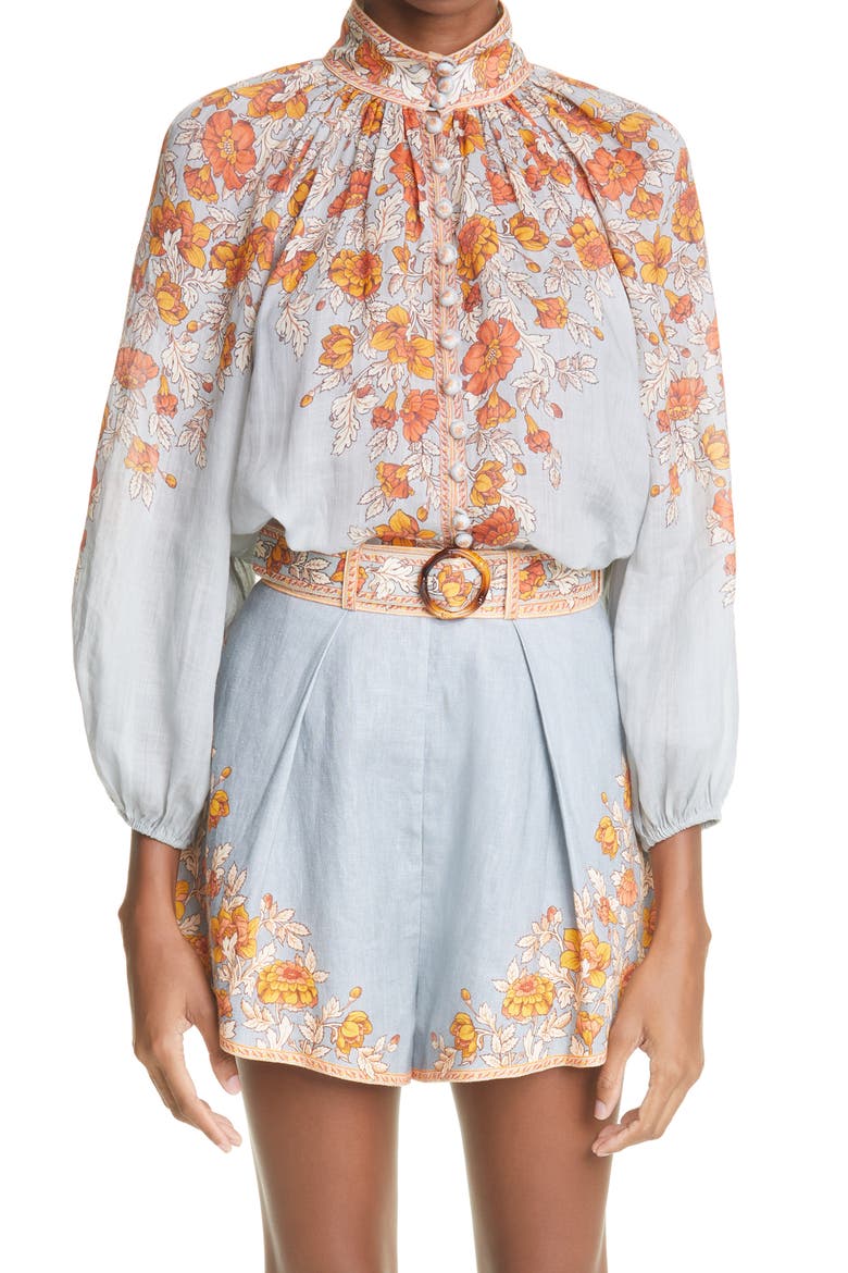 Andie Floral Print Ramie Blouse, Main, color, DUSTY BLUE FLORAL