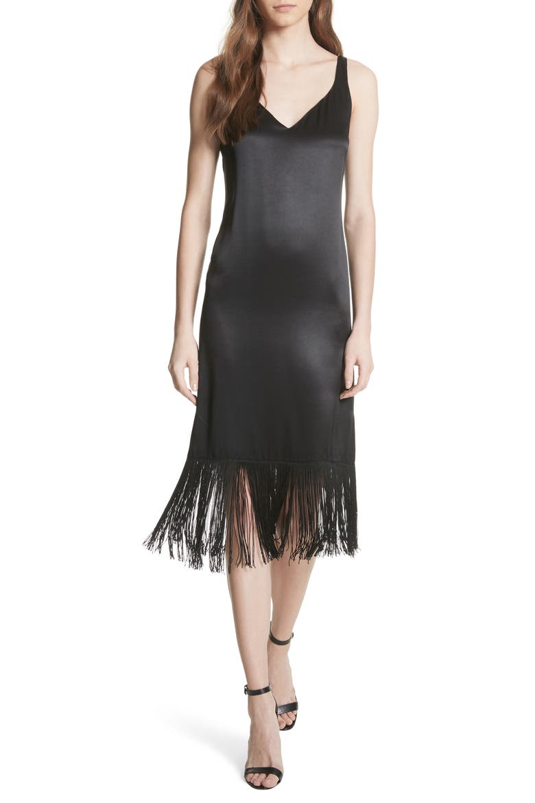 Fringe Silk Midi Dress, Main, color, BLACK
