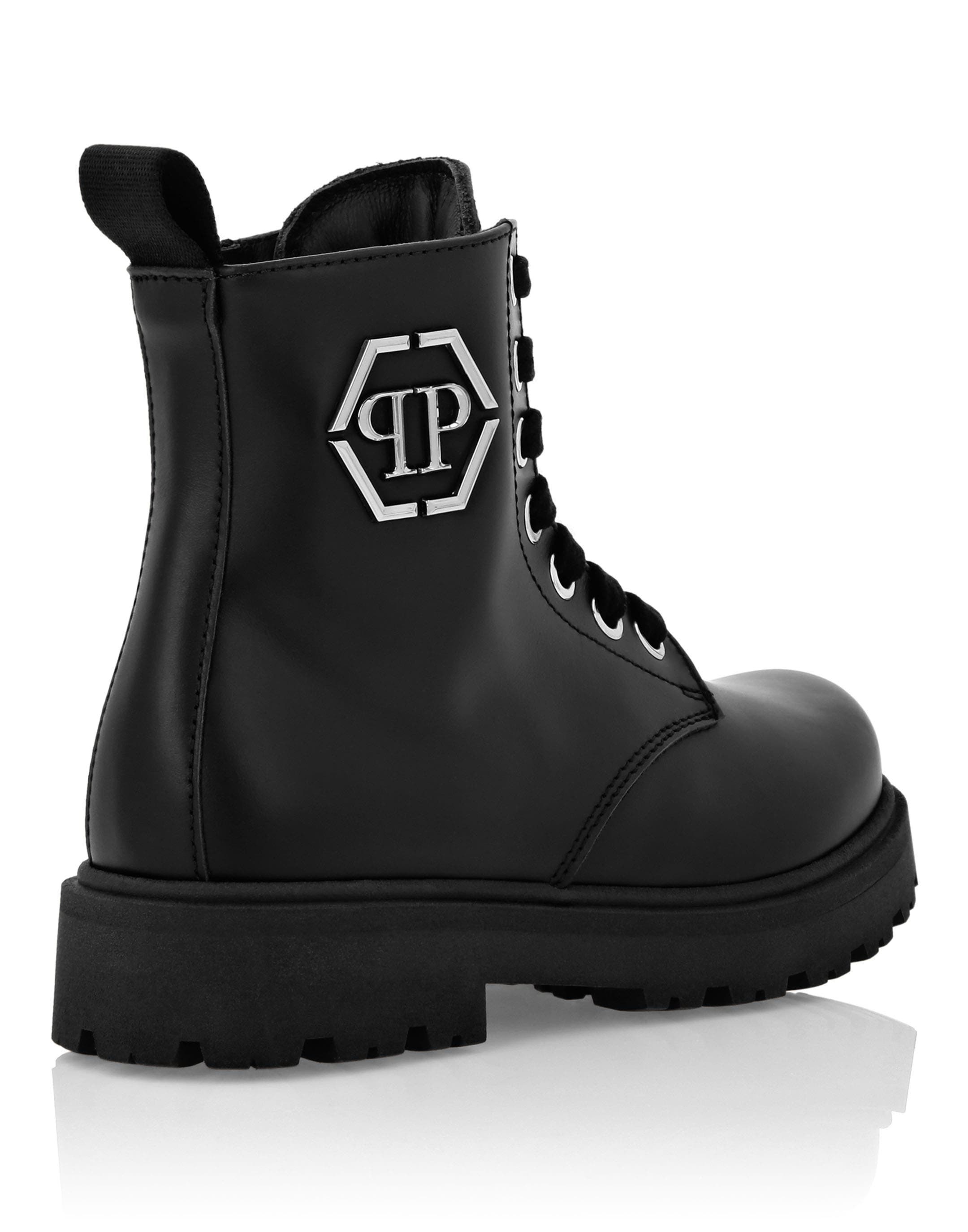 Leather Boots Low Lace Up Hexagon Boy, Alternate, color, black