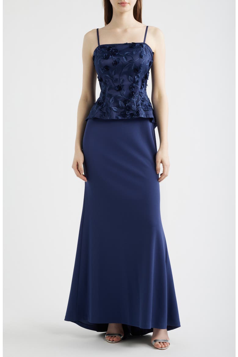 Mixed Media Floral Embroidery Gown, Alternate, color, NAVY