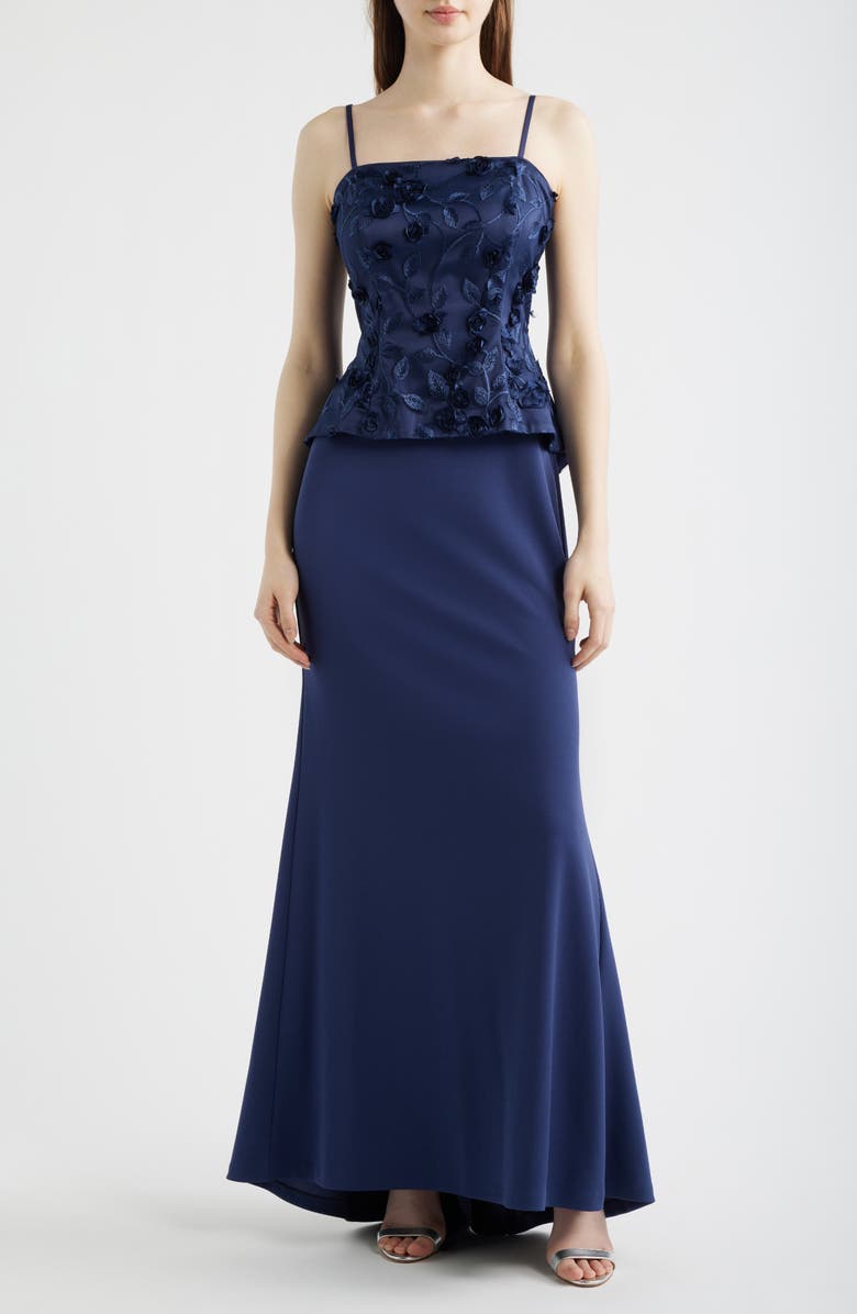 Eliza J Mixed Media Floral Embroidery Gown, Alternate, color, Navy