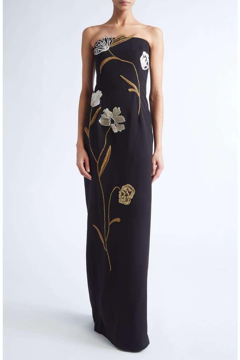Floral Cord Embroidery Strapless Stretch Crepe Gown, Main, color, BLACK/ METALLIC