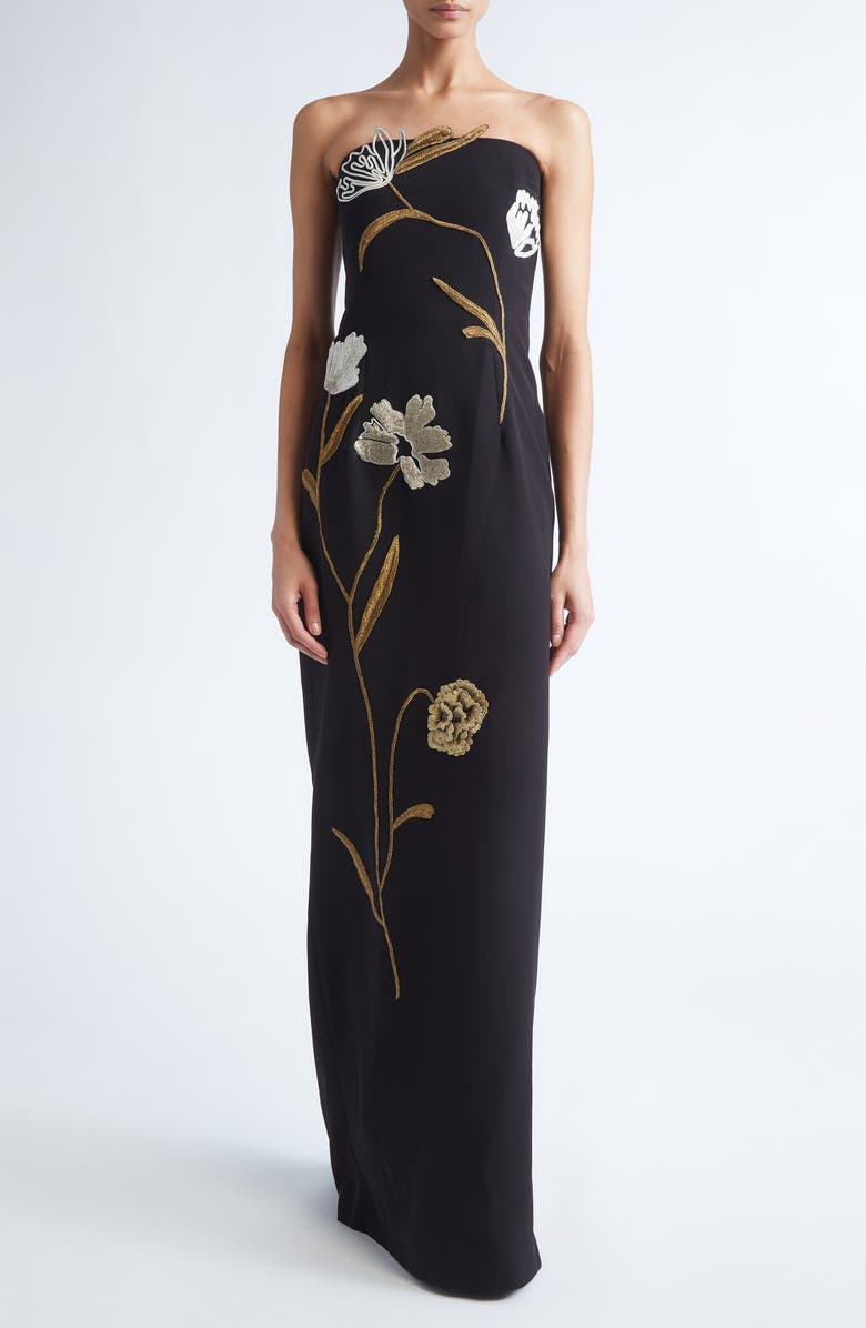 Lela Rose Floral Cord Embroidery Strapless Stretch Crepe Gown, Main, color, Black/ Metallic