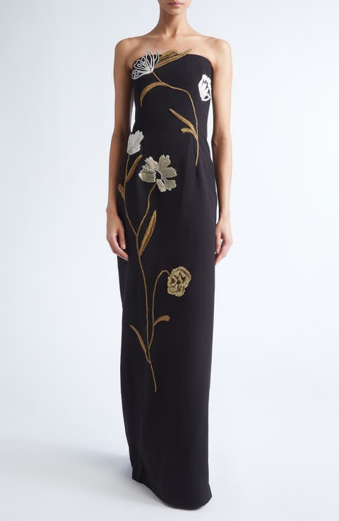 Floral Cord Embroidery Strapless Stretch Crepe Gown