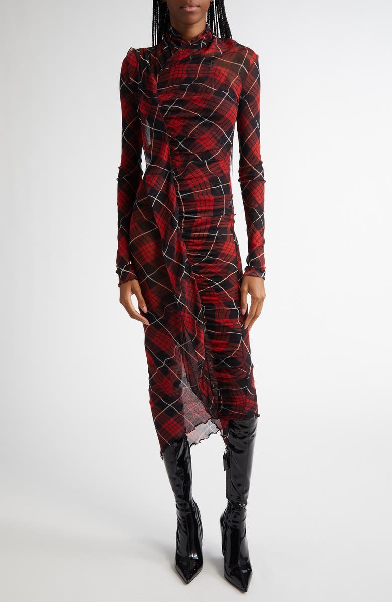 Jean Paul Gaultier Draped Plaid Long Sleeve Mesh Midi Dress, Main, color, 