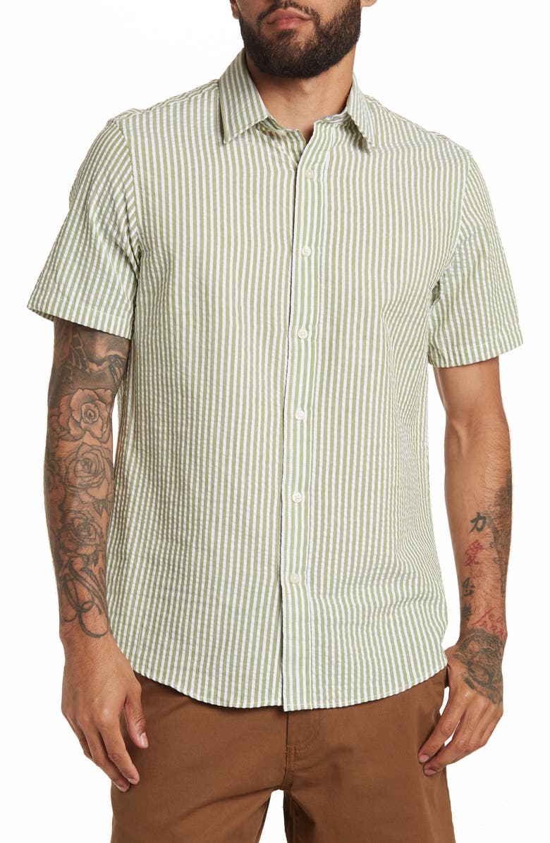 Michael Kors Stripe Seersucker Short Sleeve Button-Up Shirt, Main, color,