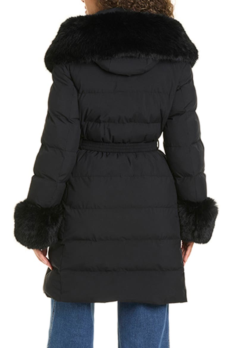Belted Puffer Coat with Removable Faux Fur Trim, Alternate, color, BLACK