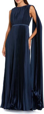 Mac Duggal Sleeveless High Neck Cape Back Heat Pleated Gown
