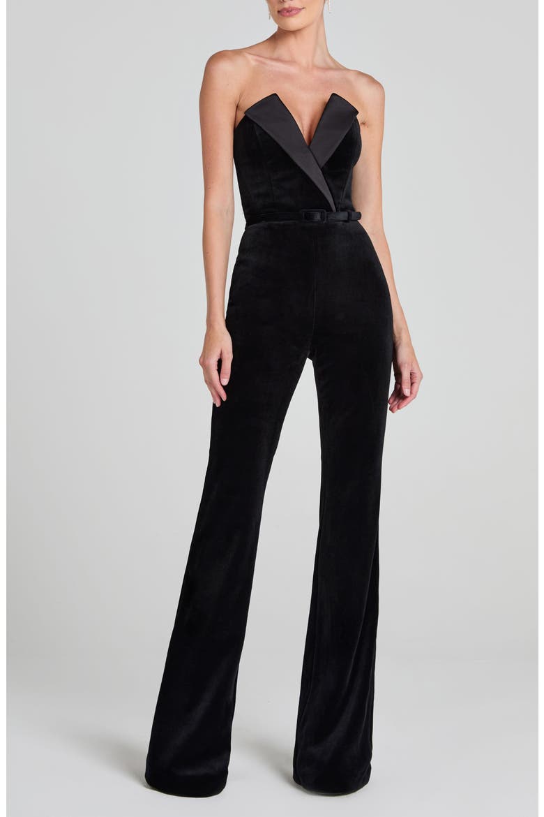 Vanessa Strapless Belted Velvet Flare Jumpsuit, Main, color, BLACK