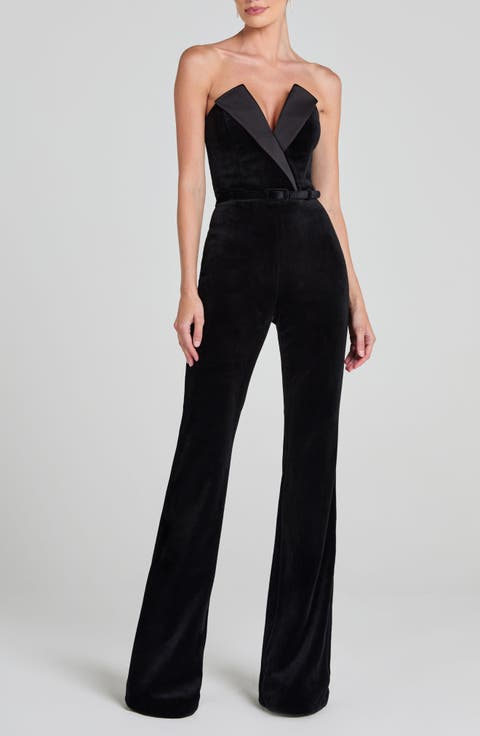 Vanessa Strapless Belted Velvet Flare Jumpsuit