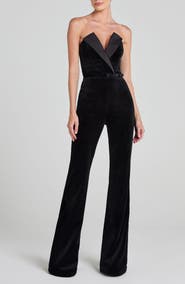 NADINE MERABI Vanessa Strapless Belted Velvet Flare Jumpsuit