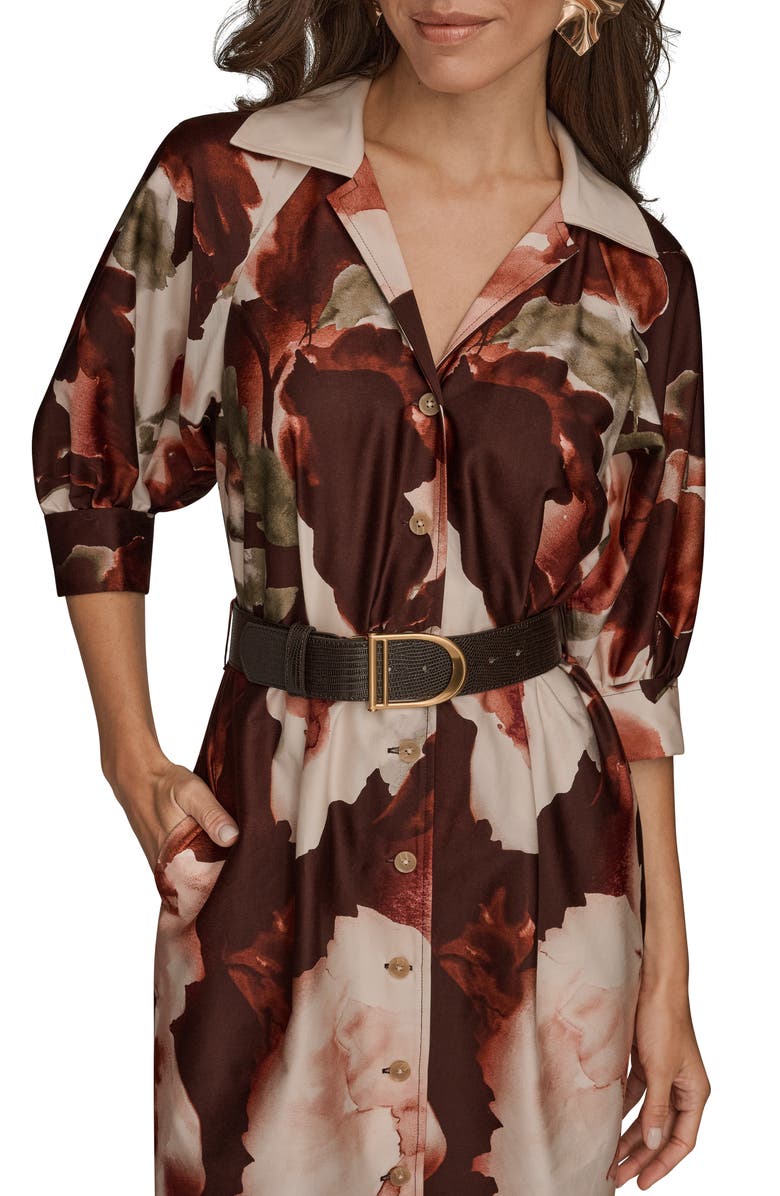 Donna Karan New York Floral Print Belted Shirtdress, Alternate, color, Oxblood Multi