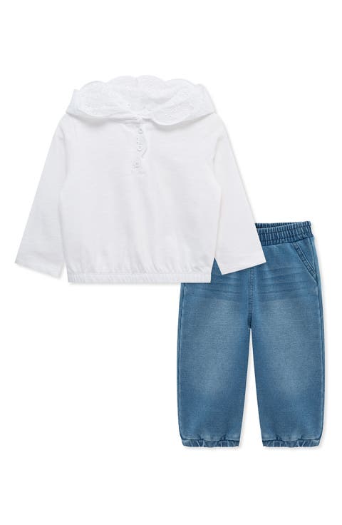 Eyelet Embroidered Hoodie & Pull-On Jeans Set (Baby)