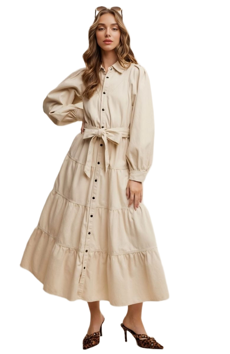 Knit and Lounge Tiered Belted Bishop Sleeve Maxi Shirt Dress, Alternate, color, Beige