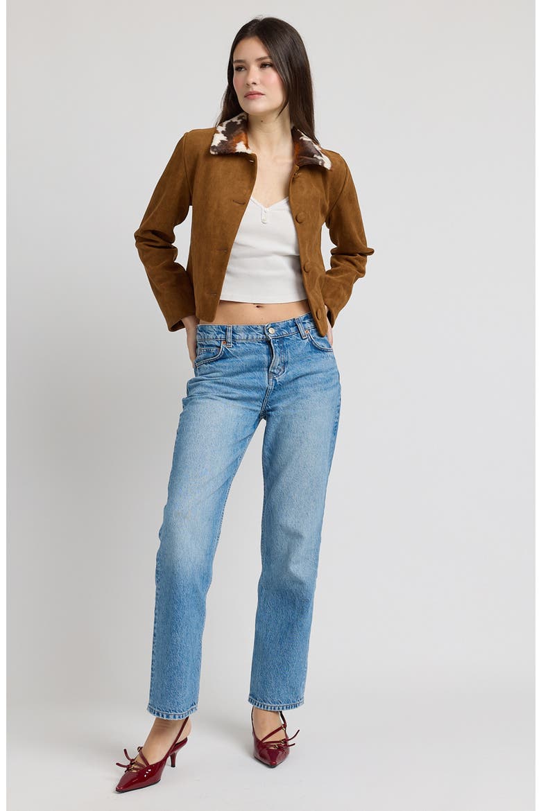 Yumi Faux Suede Jacket with Faux Fur Collar, Alternate, color, BROWN MULTI