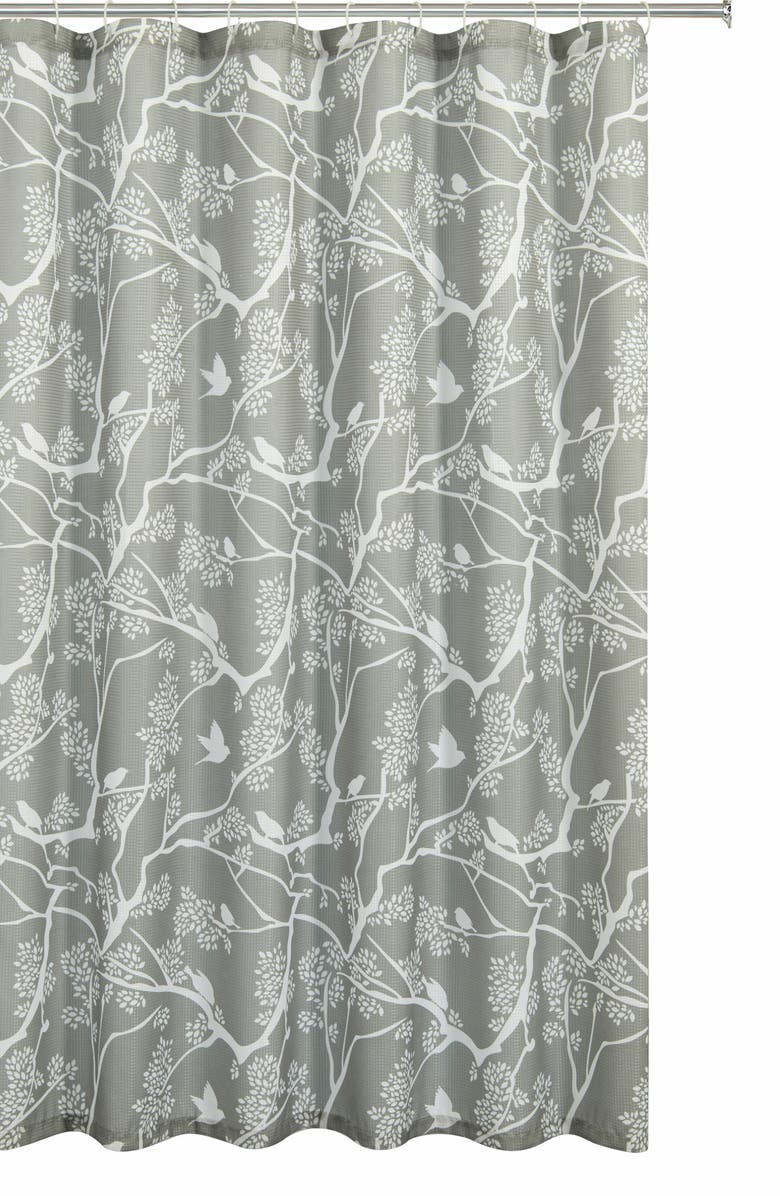 DAINTY HOME Birds Breeze Textured Waffle Weave Shower Curtain, Main, color, Silver