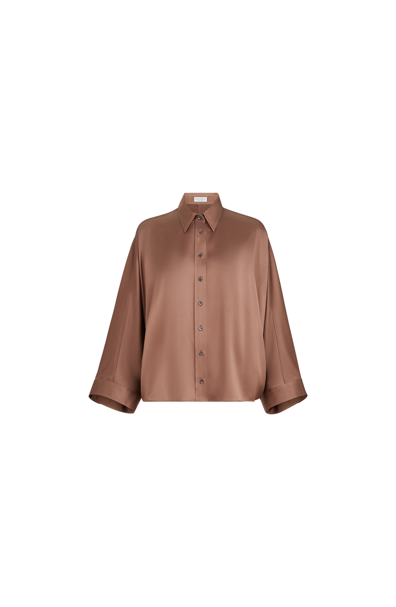 Brunello Cucinelli Stretch silk satin shirt with monili, Alternate, color, Brown