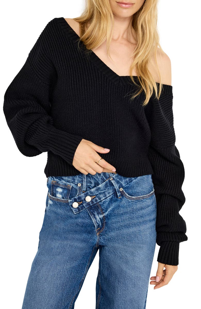 Good American Cozy V-Neck Sweater, Alternate, color, Black001
