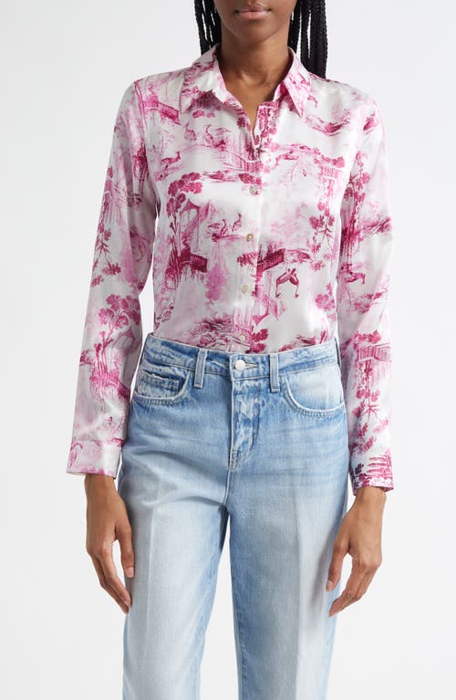 L Agence L'agence Tyler Peacock Print Silk Button-up Shirt In White/pink Porcelain Toile