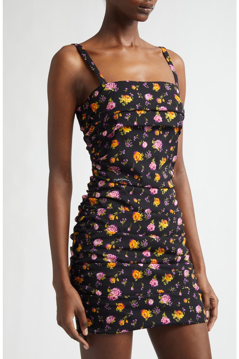 Rose Bouquet Ruched Stretch Silk Charmeuse Minidress, Alternate, color, ROSE E MAZZOLINI FDO