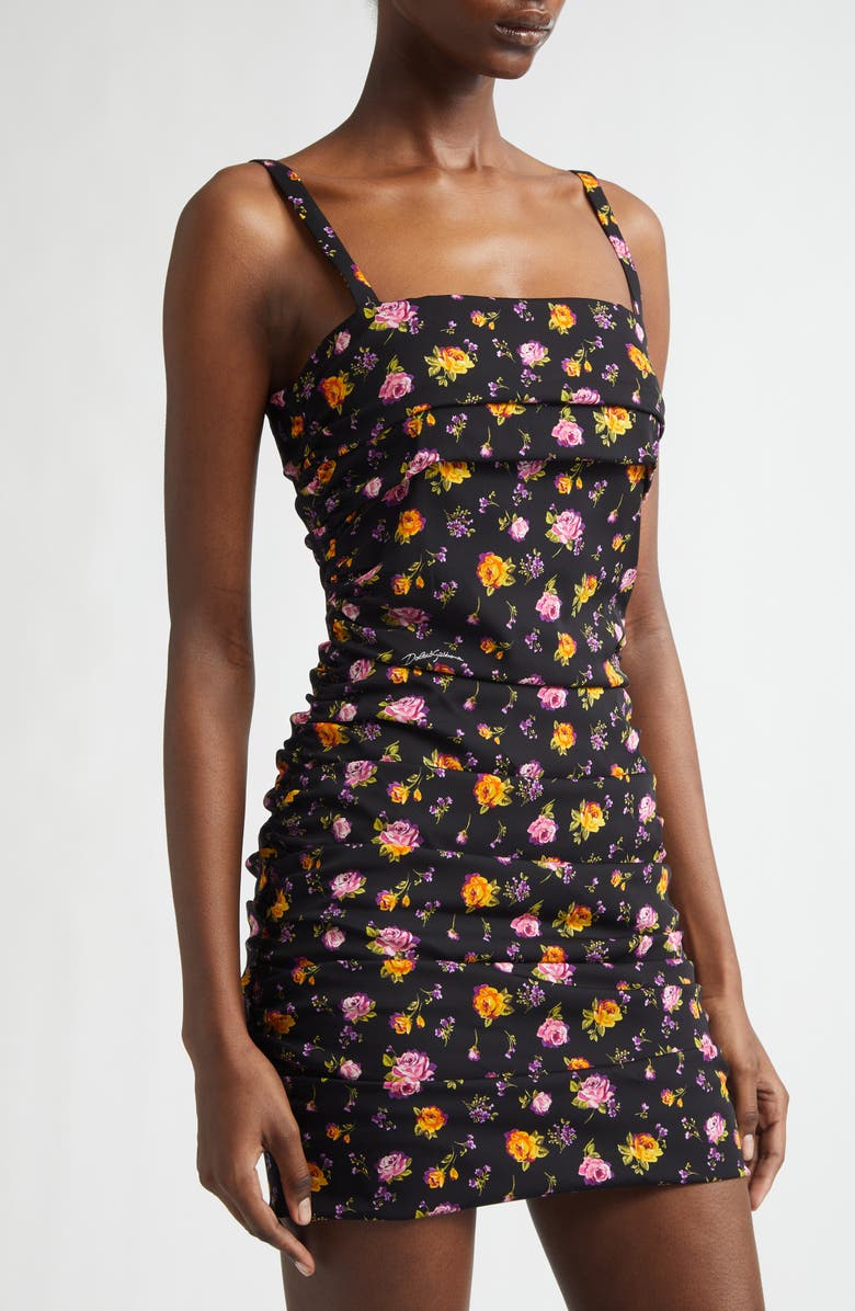 Dolce&Gabbana Rose Bouquet Ruched Stretch Silk Charmeuse Minidress, Alternate, color, Rose E Mazzolini Fdo