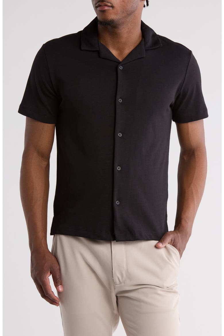 Solid Black Knit Cotton Blend Camp Shirt, Main, color, BLACK