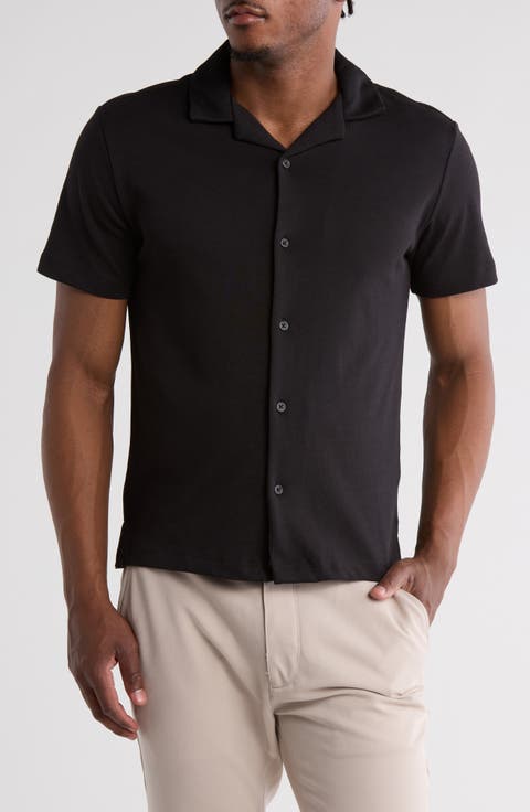 Solid Black Knit Cotton Blend Camp Shirt