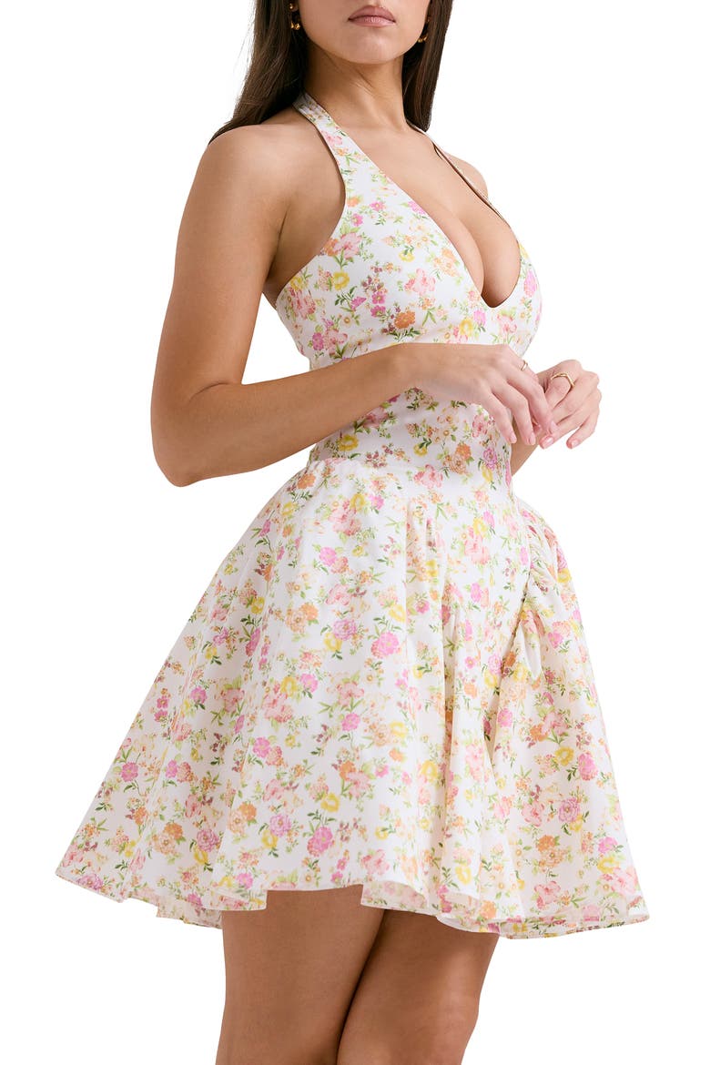 Valentia Plunge Halter Neck Stretch Cotton Minidress, Alternate, color, FLORAL PRINT