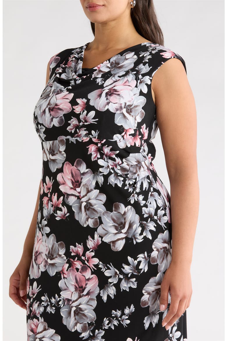 Floral Cowl Neck Cap Sleeve Midi Dress, Alternate, color, BLACK