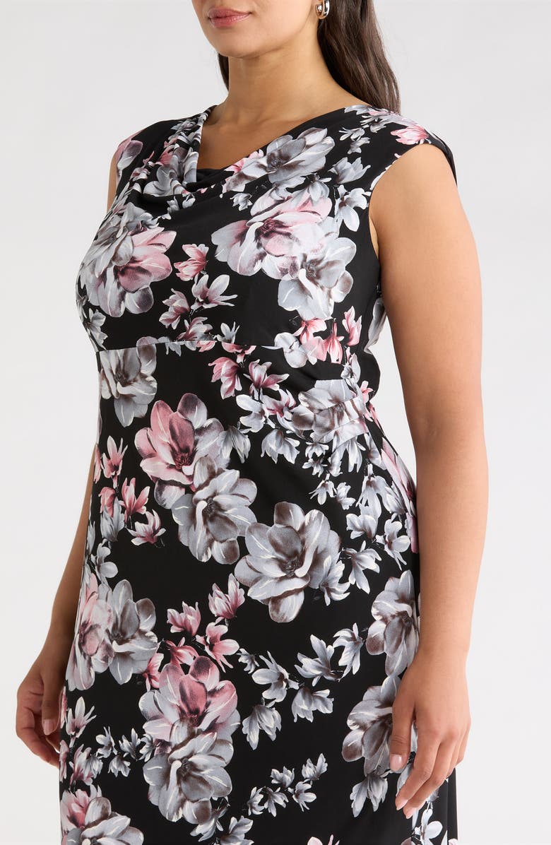 Connected Apparel Floral Cowl Neck Cap Sleeve Midi Dress, Alternate, color, Black