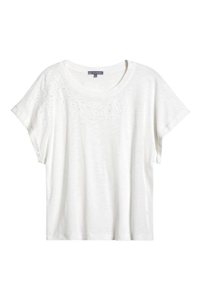 Embroidered Eyelet Cap Sleeve T-Shirt, Alternate, color, OFF WHITE
