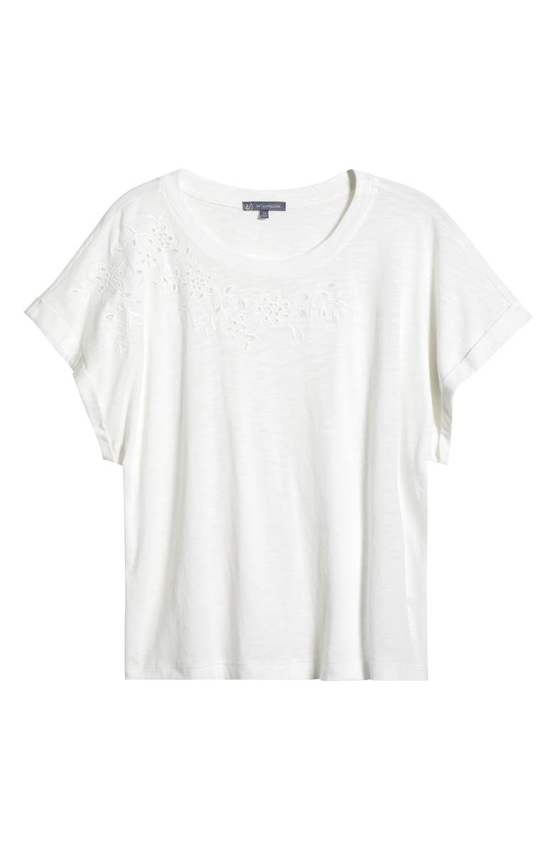 Wit & Wisdom Embroidered Eyelet Cap Sleeve T-Shirt, Alternate, color, Off White