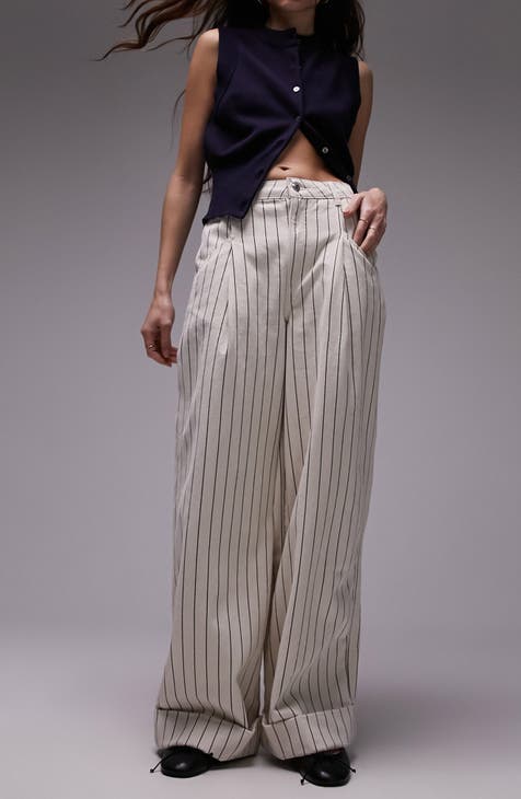 Pinstripe Pleated Wide Leg Twill Pants