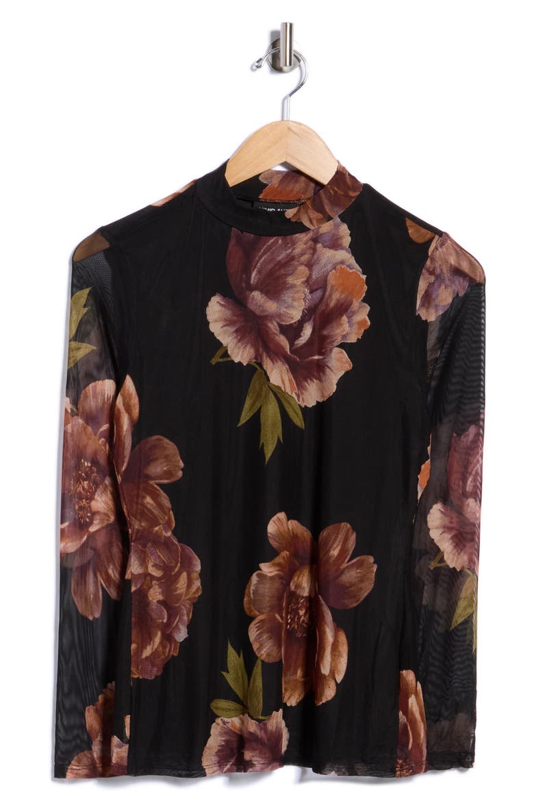 Floral Mesh Mock Neck Top, Main, color, BLK/ RST/ PUR