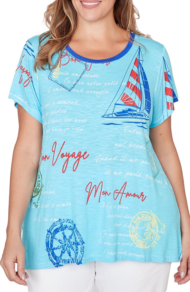 RUBY RD Bon Voyage Print T-Shirt, Main, color, Aruba Blue Multi