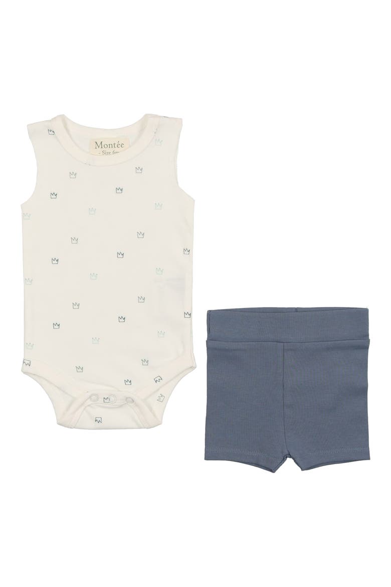 Stretch Cotton Bodysuit & Shorts Set, Main, color, CROWN/ MINT