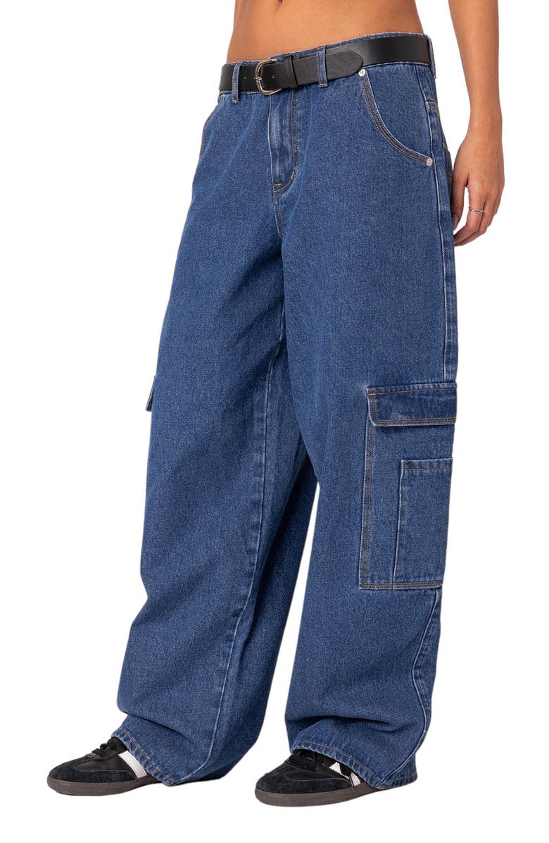 EDIKTED Low Rise Baggy Belted Cargo Jeans, Alternate, color, Blue-Washed