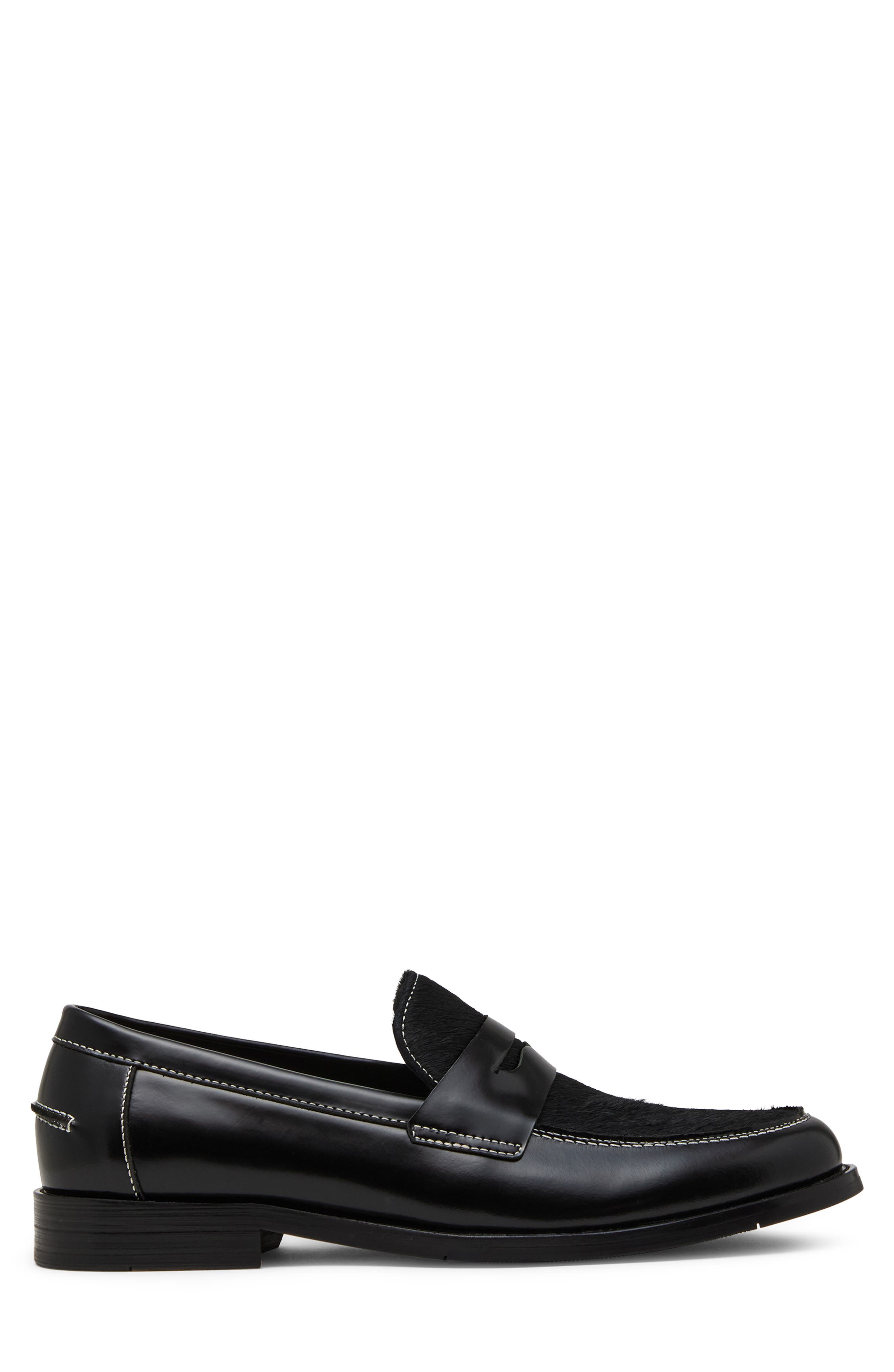Madden Men's Natan Genuine Calf Hair Penny Loafer, Alternate, color, Black Leather