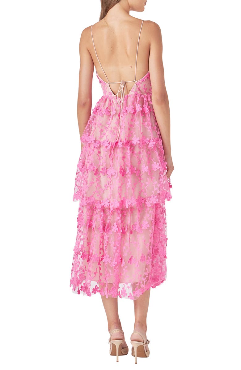 Endless Rose Floral Embroidered Tiered Lace Midi Dress, Alternate, color, Pink